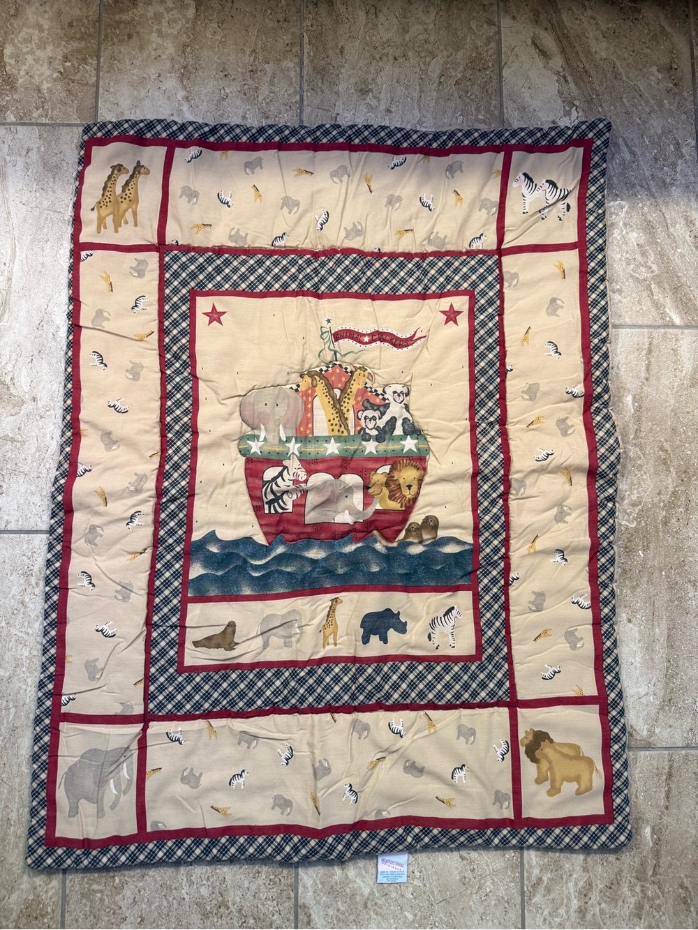 Vintage Bedtime Originals Children's Noah's Ark Nursery Quilt  - Red & Cream